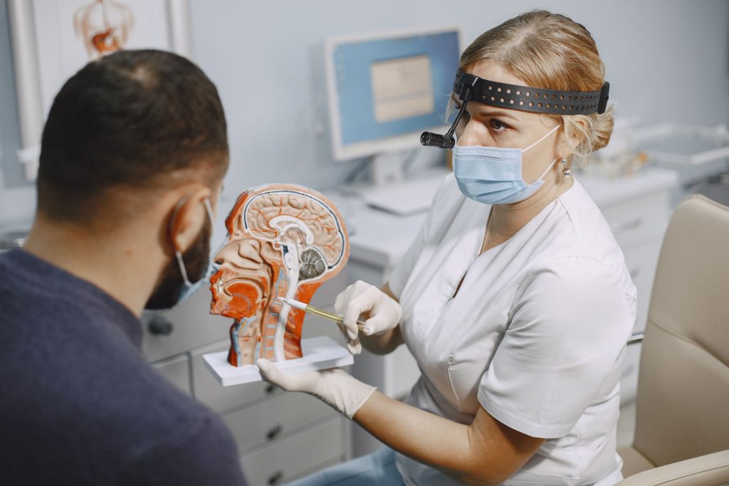 A doctor holding a model of head in front of a patient.